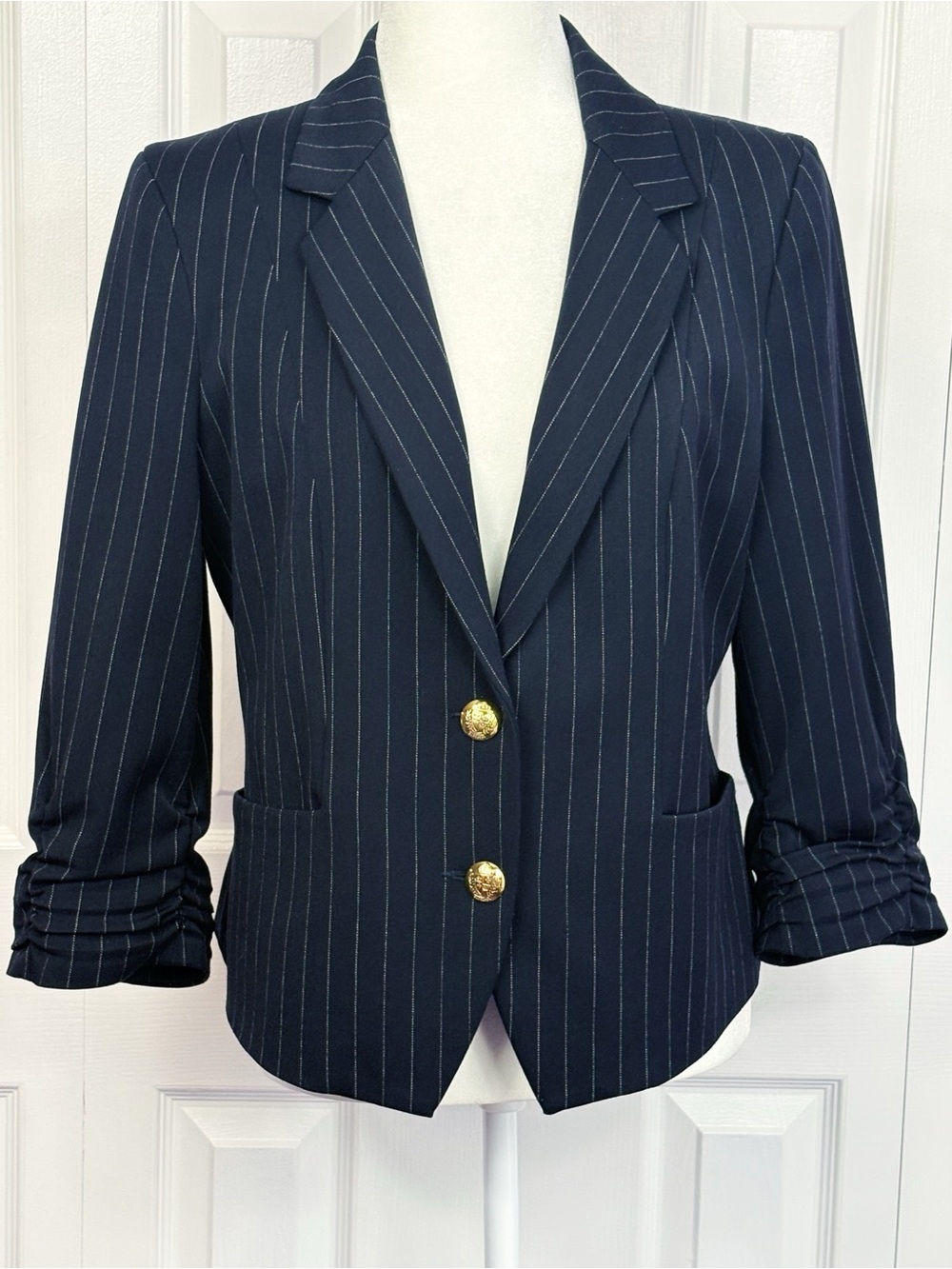 Express Navy Blue Pinstripe Ruched 3/4 Sleeve Cropped Blazer Jacket 12